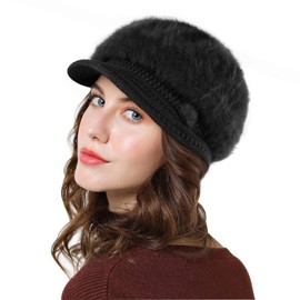Genfien Women Thick Fleece Lined Winter Hat Knitted Hat Vintage Crochet Peaked Hat Chic Lightweight Winter, black