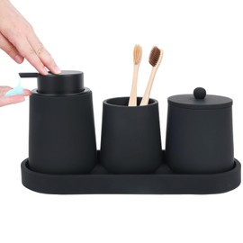 Black Bathroom Accessories Set - 4 Pcs Bathroom Accessory Sets with Toothbrush Holder,Lotion Soap Dispenser,Qtip Holder Dispensr & Vanity Tray,Bathroom Countertop Vanity Oganizer - Matte Black
