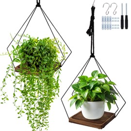 FIOBEE Hanging Planters for Indoor Plants Large Metal Plant Hanger Stand with Wood Base Wall Planter Holder for Window Wall Ceiling Home Decor Accessories (Plants/Pots Not Included), 2 Pack