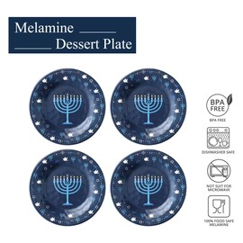 UPware Hanukkah Melamine Round Dessert Plates, Small Serving Plates, Hanukkah Decorations, for Appetizer, Snacks, and Side Dishes, Blue, 6 Inch, Set of 4
