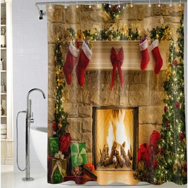 BIVINAR Christmas Fireplace Shower Curtain, Christmas Tree with Gifts Warm Fireplace Theme Fabric Bathroom Shower Curtain, 72 x 72 Inch