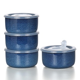 Chubacoo Ceramic Bowls Set with Lids: Set of 4 Microwave Safe Bowls for Soup Meal Prep Cereal Salad Fruit - Food Storage Containers with Lids for Work Lunch Pinic Camping - Glaze Blue A