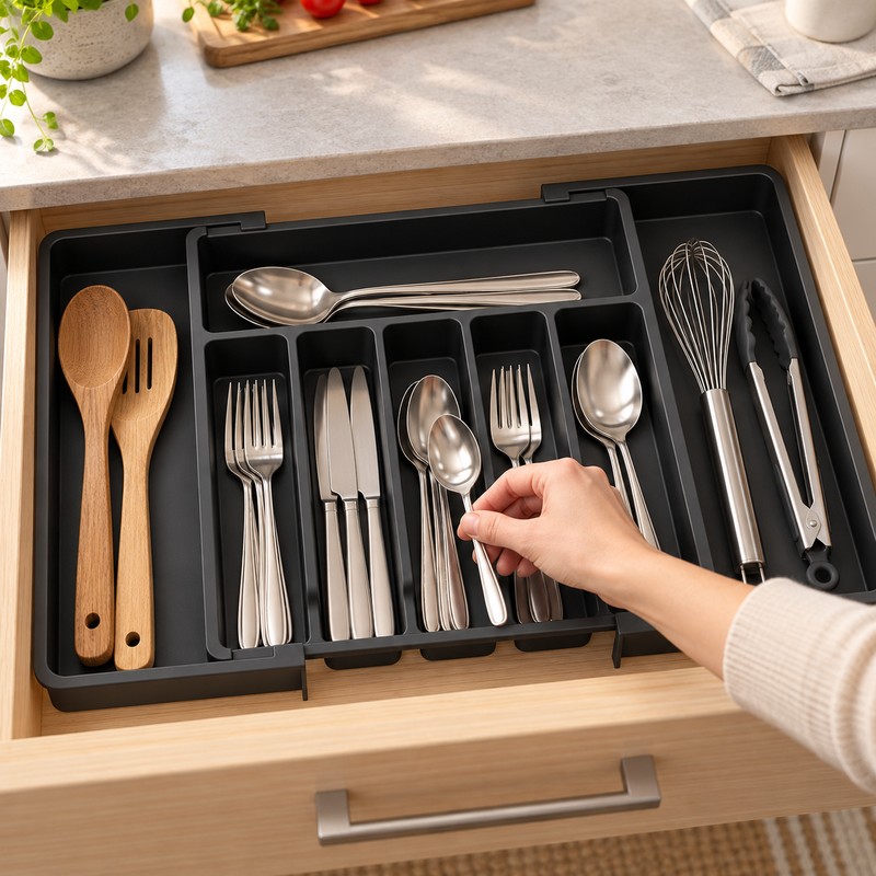 Adjustable Cutlery Drawer Organizer for Kitchen Storage – Expandable 8-Compartment
