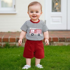 Infant Baby Boy Summer Outfit Fire Truck T Shirt Top Shorts Fire Engine Toddler Outfit Cute Summer Clothes (Fire Truck-Red, 2-3T)