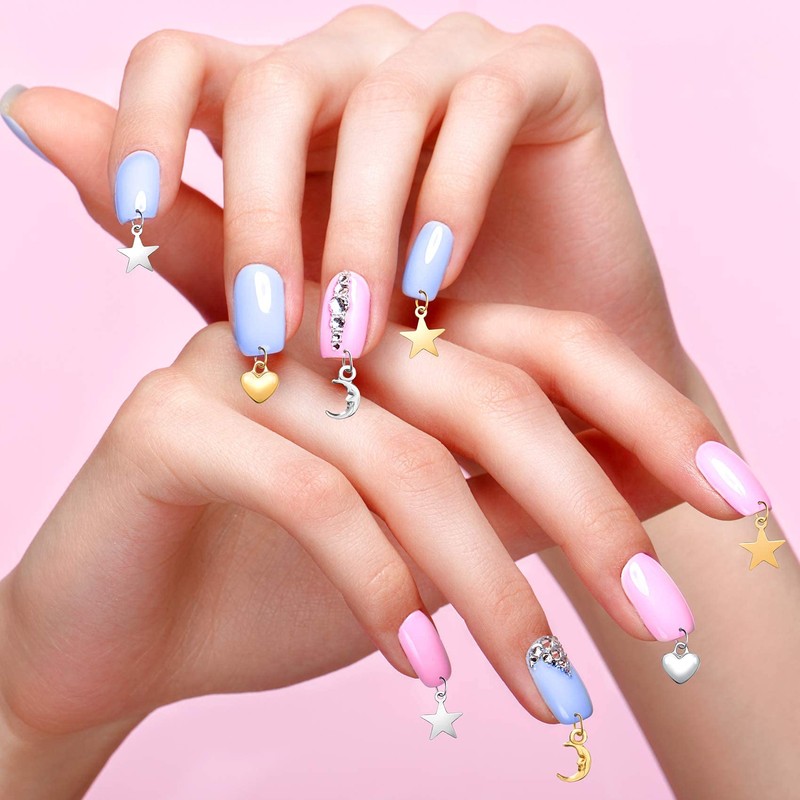 PAGOW 71 PCS Dangle Nail Art Charms, Nail Jewelry Rings