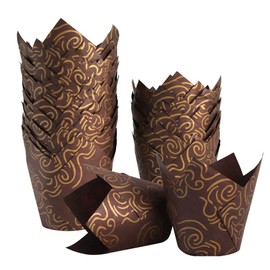 150pcs Tulip Cupcake Liners Baking Cups Muffin Liner Grease-Proof Paper Cupcake Wrappers for Wedding, Birthday Party, Standard Size (Golden Printed, Brown)