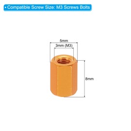 PATIKIL M3 Hex Nuts, 6pcs M3 Threaded Spacers Aluminum 8mm L Female Metal Spacer Screw Standoff for M3 Screw Bolts RC Car Drones Stacks Motherboard, Golden