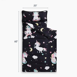 Wake In Cloud - Extra Long Unicorn Nap Mat, with Removable Pillow for Kids Toddler Boys Girls Daycare Preschool Kindergarten Sleeping Bag, White Unicorns Printed on Black, 100% Microfiber