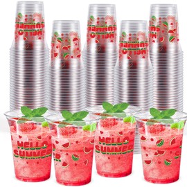 Honeydak 50 Pcs Watermelon Cups 12 oz Watermelon Birthday Plastic Cups Clear Summer Disposable Glasses Fruit Theme Drinking Glasses for Home Kitchen Fruit Party Favors Supplies Decoration(Red)