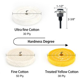 SCOTTCHEN 4" Buffing Polishing Wheel with 1/4" Handle for Drill, 1/2" Arbor Hole,Fine Cotton (50Ply),Ultra Fine Cotton(30 Ply)，Treated Yellow Cotton (38 Ply) -3pcs