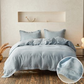 Simple&Opulence 100% Linen Duvet Cover Set with Crossed Embroidery Washed - 3 Pieces (1 Duvet Cover with 2 Pillow Shams) Soft Breathable Farmhouse - Dusty Blue, Queen Size