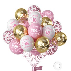 Girls 18th Birthday Balloons - Pack of 16, 18 Inch Pink & White Gold Happy 18th Birthday Party Balloons, Numbers, Latex