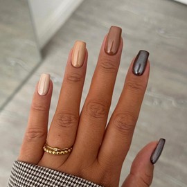 MERVF Medium Press on Nails Square Fake Nails Brown Squoval Nails Press ons with Chrome Design Acrylic Nails 24pcs Glossy Fall False Nails