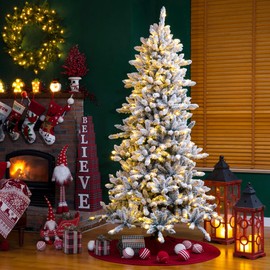 eUty 7.5FT Pre-Lit Flocked Christmas Tree Artificial Snowfall Christmas Fir Tree with 400 Warm Lights Realistic Full Natural Layered Xmas Tree for Home Party Decoration