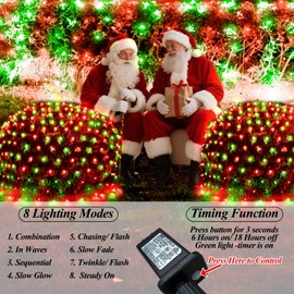 300LED Christmas Net Lights, 14.8ft x 5ft Mesh Lights Outdoor Green Wire 8 Modes Timer, Waterproof Connectable String Lights for Bushes Xmas Tree Garden Holiday Party Decor - Red Green