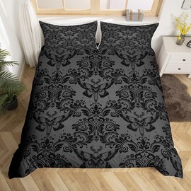 Loussiesd Adults Black Vintage Damask Floral Bedding Set Oriental Antique Comforter Cover Set Double Size Gothic Bohemia Boho Flower Duvet Cover Gothic Skull Bedspread Cover