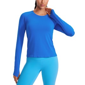CRZ YOGA Womens Seamless Workout Long Sleeve Shirts Quick Dry Gym Athletic Tops Breathable Running Yoga T-Shirts Sparkle Blue Small