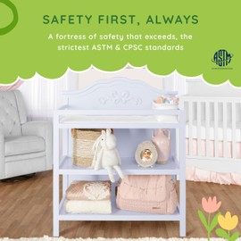 Sweetpea Baby Jasmine Changing Table in Lavender, with Fixed Shelves, 1" Mattress Pad, Safety Strap, Safety Rails, New Zealand Pinewood Baby Changing Table