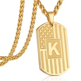 Kalanophel Initial American Flag Dog Tag Necklace for Men Stainless Steel Letter A-Z Jewelry Gift 24 Inch Chain Valentine's Birthday Christmas Anniversary, Stainless Steel, No Gemstone
