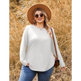 IN'VOLAND Plus Size Long Sleeve Tops for Women Loose Fit Dressy Tshirts Crewneck Soft Basic Tee 2025 White