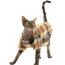 Cat Double-Sided Fleece Clothes, Soft Warm Winter Jumpsuit Sweater Shirt Clothing for Hairless Sphynx, Devon & All Indoor Kittens (Khaki,XXL)