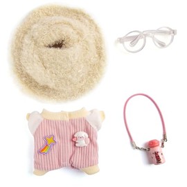 17cm Doll Clothes, Kawaii 4-Piece 17cm Clothes Dolls Outfit Set with Accessories – Pink Diamond Hat + Clear Glasses + Pink Kettle + Pink Crawler Suit(Doll Not Included)
