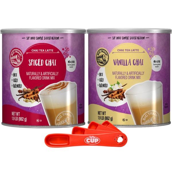 Big Train Chai Tea Latte Drink Mix Variety, Vanilla Chai & Spiced Chai, 1.9 lb Canister (Pack of 2) with By The Cup Swivel Spoons
