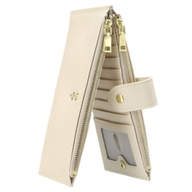 SUIKIHUM Credit Card Slim Wallet for Women and Men, PU Leather Minimalist Card Holder - 16 Slots & 2 ID Window & 2 Zipper Pocket, Beige