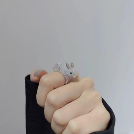 IMINI Rhinestone Rabbit Open Statement Ring for Women Girls Pink Crystal CZ Cute Pet Animal Bunny Engagement Promise Ring Finger Band Wedding Bands Expandable Lovely Jewelry Gifts Easter
