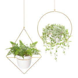 Mkono Boho Metal Hanging Planter with Plastic Pots, Set of 2 , Modern Mid Century Flower Pot Plant Holder in Diamond and Circle Shape, Fits 6 Inch , Gold