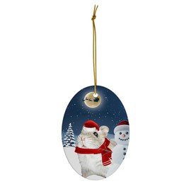 Festive Winter Night Pet and Snowman Ornament - Djungarian Hamster Christmas Ornament 2025 Oval Ceramic - Funny Holiday Xmas Tree Decoration Gifts for Hamster Lovers