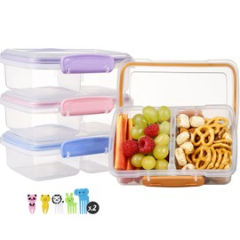 Greentainer 4 Pack Plastic Snack Containers for Kids Bento Boxs with 2 Compartments Travel Snack Container Fruits/Candies/Sandwiches Food Storage Containers with Fork,Dishwasher Safe (Pink)