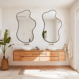 Wall Mirror 24"x36" Irregular Wall Mirror for Wall Mirrors Decorative Asymmetrical Mirror Wall-Mounted Mirrors Modern Unique Organic Mirror for Wall Decor Living Room Bathroom Bedroom Entryway Black