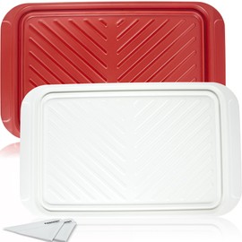 KAQAHIDO Grilling Prep and Serve Trays, BBQ Tray for Raw Meat Prep and finished Cooked Food, Melamine Serving Trays for Food, Set of 2, White and Red, Cleaning pack Included