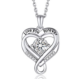 MomentWish Heart Necklace for Women, Christmas Gift for Wife, 1 Carat Moissanite Infinity with Engraved Love You Forever, 925 Sterling Silver Necklace, Birthday Anniversary Jewelry Gifts
