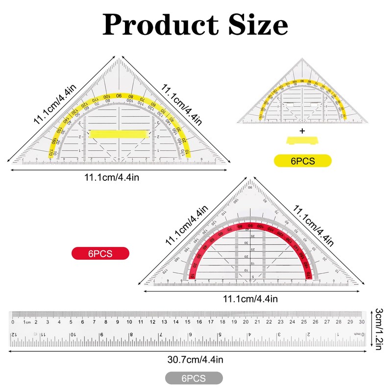 Set of 18 Geometry Triangle, Drawing Triangle Protractor, 2 Functions,