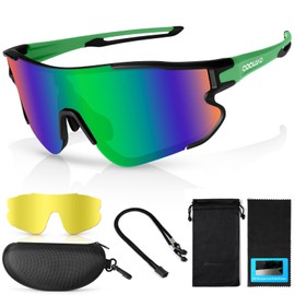 Odoland Polarised Cycling Glasses with Interchangeable Lenses for Men Women Cycling Sports Sunglasses UV 400 Quick Glasses Hiking Running Fishing Driving Green