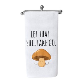 Funny Dish Towel Let That Shiitake Go Mushroom Pun Waffle Weave Kitchen Towel Sweet Housewarming Gift (Let That Shiitake Go)