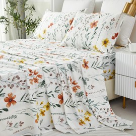Helthep Floral Sheet Set Queen, 100% Cotton Green Leaves Printed Bed Sheets Floral Patterned Sheets Queen with 17.5" Deep Pocket, 4Pcs White Botanical Vintage Yellow Flower Sheet for Queen Size Bed