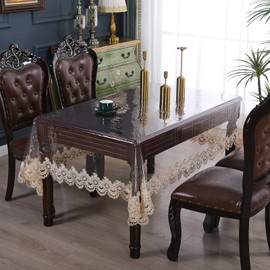 Clear Plastic Tablecloth Waterproof Rectangle Vinyl Tablecloth with Embroidered Lace Table Cover for Food Kitchen Buffet Banquet Parties (47 x 70 inches, Champagne2)