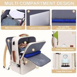 MOSISO Travel Backpack,40L Carry on Backpack for Women Men,17-17.3 inch Airline Approved Luggage Backpack with USB Port&Hidden Shoulder Strap,Casual Daypack with Toiletry Bag&Shoe Pocket, Beige