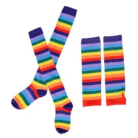 Bamboopack Rainbow Stripe Arm Warmers Knee Thigh High Socks Colorful Leg Warmers Fingerless Gloves Sleeve Set for Women Girls Cosplay Party Accessory Decoration