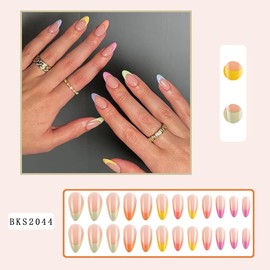 French Tip Press on Nails Medium Almond Colorful French Fake Nails with Designs Summer False Nails Medium Almond Nail Tips Gel Glue on Nails Full Cover Glossy Stick on Nails for Women DIY Nail Decor