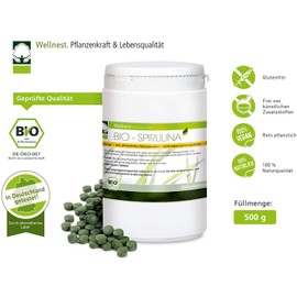 Wellnest Organic Spirulina 500 g Detox Superfood with High-Quality Protein Vegan Residue Tested in German Laboratory 1,250 Pellets of 400 mg