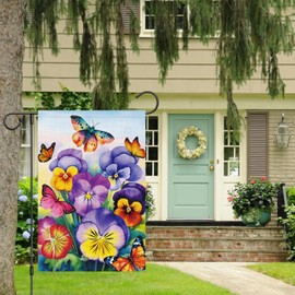 Louise Maelys Welcome Spring Garden Flag 12x18 Double Sided Vertical, Burlap Small Butterfly Pansy Floral Hello Garden Yard House Flags Outside Outdoor House Spring Summer Decoration (ONLY FLAG)