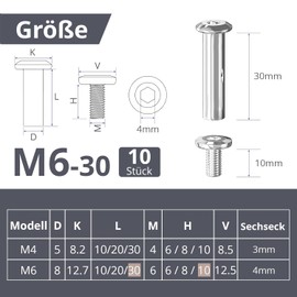 ORTAVA M6 x 30 mm (10 x Furniture Screws, 10 x Sleeve Screws), Stainless Steel A2 V2A Cabinet Connectors, Furniture Connectors, Cabinets, Wooden Boards Pack of 10