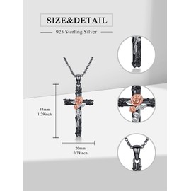 Flpruy Gothic Cross Rose Necklace 925 Sterling Silver Vintage Black Cross Pendant Necklace Halloween Goth Jewelry Gift for Women