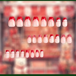 Christmas Press on Nails Coffin Medium Length, 24Pcs Red French Artificial Fake Nails with Xmas Hat Letter Designs, Glossy Full Cover Acrylic Square False Nails Glue Stick on Fingernails for Women