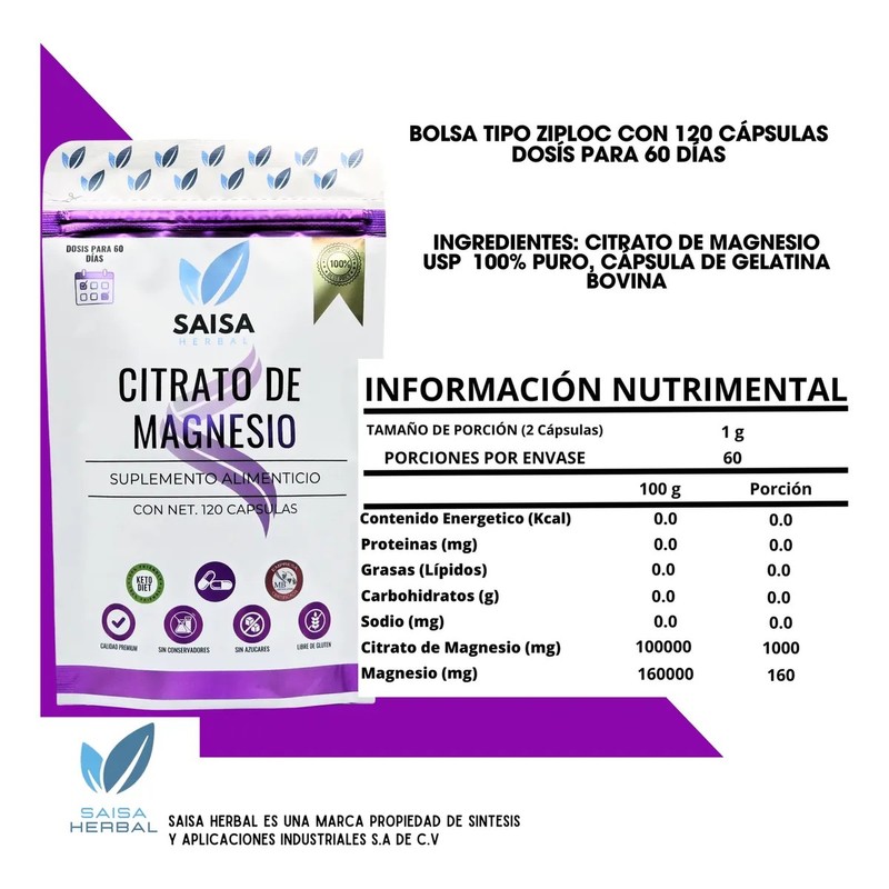 Citrato De Magnesio 2 Bolsas Con 120 Cápsulas De 500