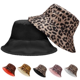 LUKIUP Reversible Leopard Print Fishing Hat Women Men Summer Sun Hat Foldable Bucket Hat Fishing Hat with Sun Protection for Summer, Holiday, Hiking, Beach, Shopping (Black + Grey)
